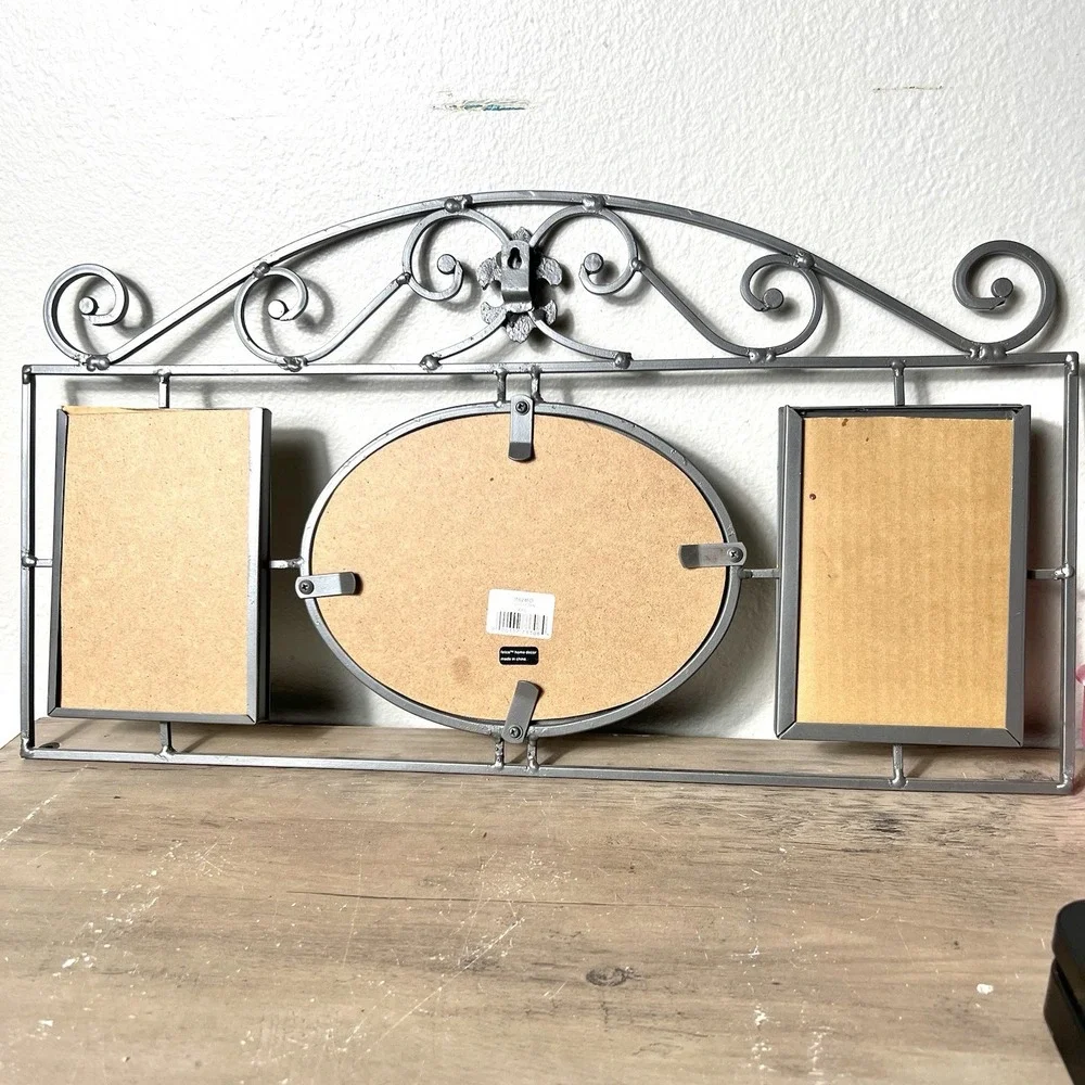 Vtg Iron Garden Triple Frame Wall Mirror Fleur De‎ Lis Metal Gray Gold 20x11